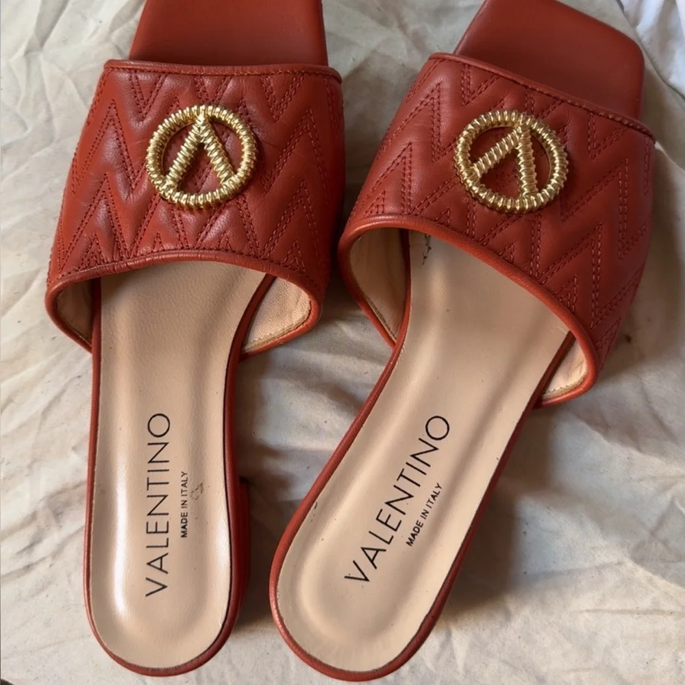 Valentino Women's Rust Leather Slide Sandals with Gold Accent - Picture 2 of 2